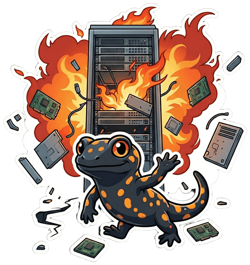 Salamander walking away from an exploding server, unbothered