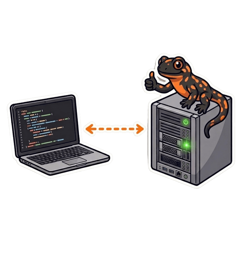 Salamander sitting on a server, giving thumbs up, connected to a laptop