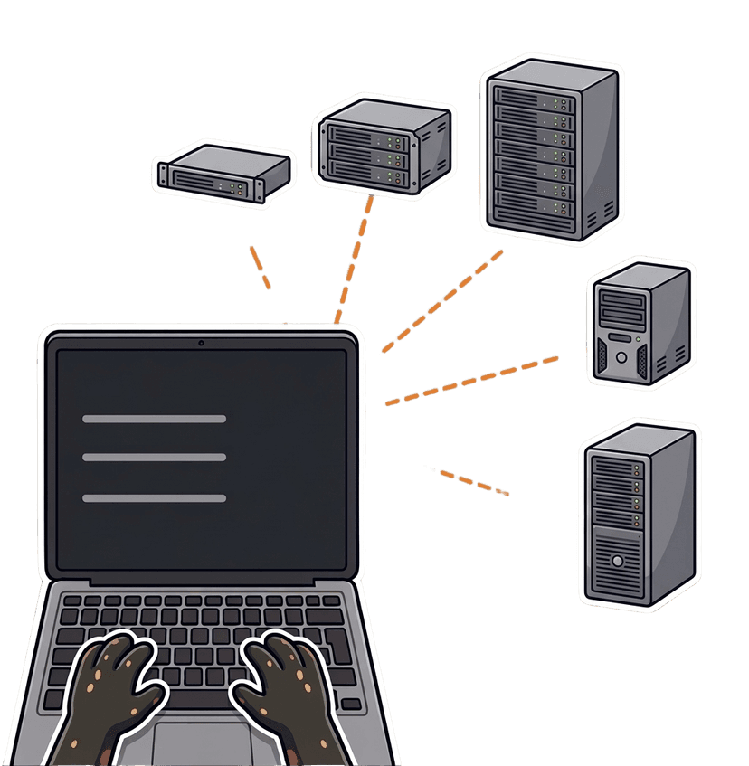 Salamander typing on a laptop connected to five servers